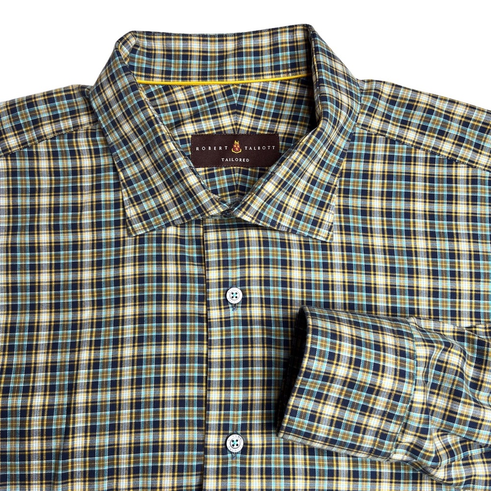 Robert Talbott Tailored Blue Yellow Plaid Button-Up Shirt XL Preppy Academia